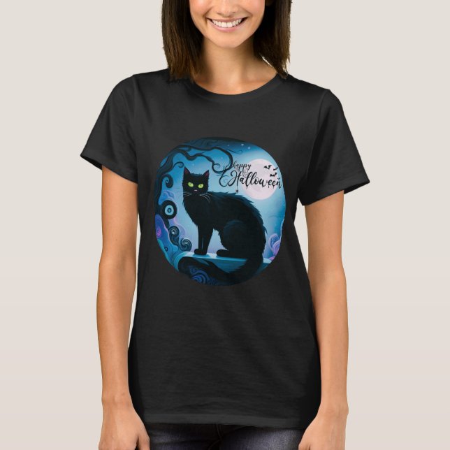 Happy Halloween Black Cat Full Moon Halloween T-Shirt (Vorderseite)
