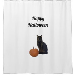Happy Halloween Black Cat Orange Pumpkin White Duschvorhang