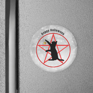 Happy Halloween Black Cat Pentagram auf Gray White Magnet