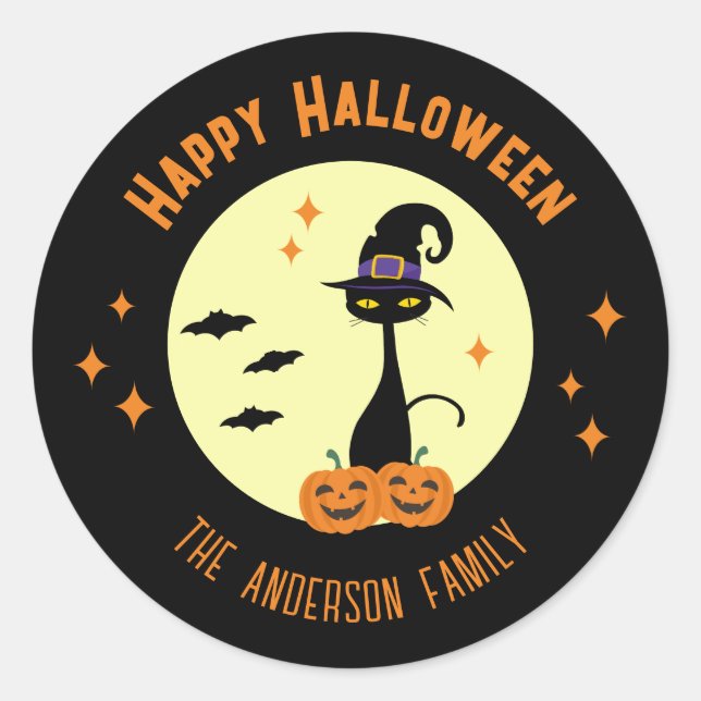 Happy Halloween Black Cat Personalisiert Runder Aufkleber (Vorderseite)