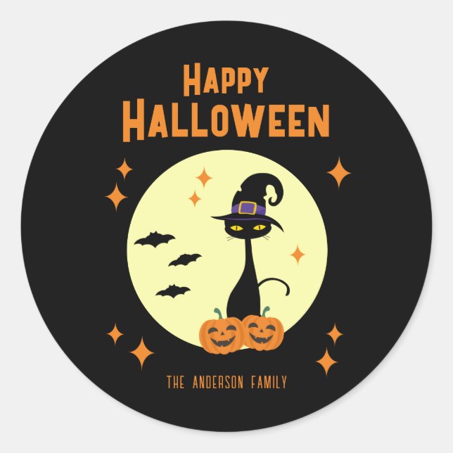 Happy Halloween Black Cat Personalisiert Runder Aufkleber (Vorderseite)