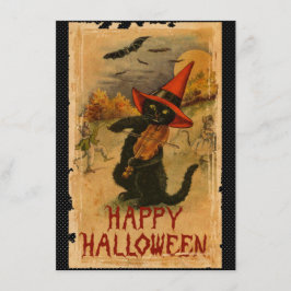 Happy Halloween Black Cat Playing Fiddle Bats Karte