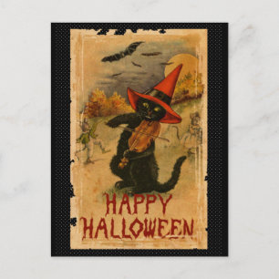 Happy Halloween Black Cat Playing Fiddle Bats Postkarte