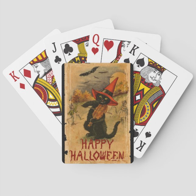 Happy Halloween Black Cat Playing Fiddle Bats Spielkarten (Rückseite)