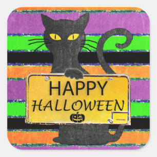 Happy Halloween Black Cat Rustikale Schilder Stick Quadratischer Aufkleber