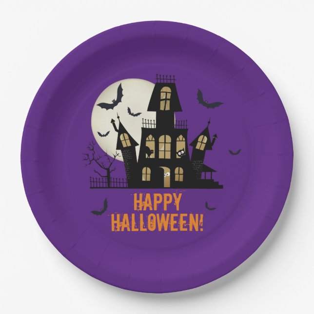 Happy Halloween Black Cat Spooky Spuk House Pappteller (Vorderseite)
