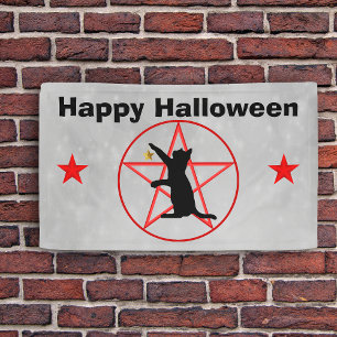 Happy Halloween Black Cat Stars Pentagram Gray Banner