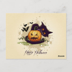 Happy Halloween Black Cat und Jack Postcard Postkarte