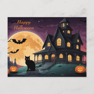 Happy Halloween Black Cat und Spuk Haus Feiertagspostkarte