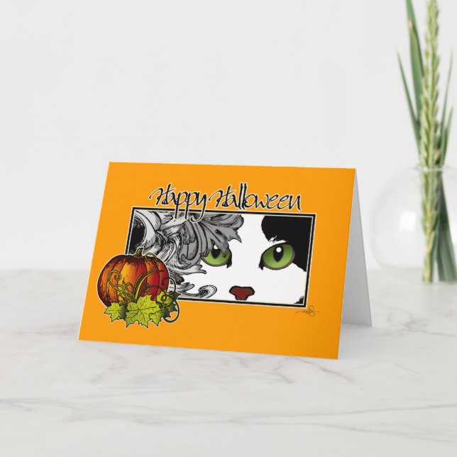 Happy Halloween Black 'n White Cat Karte (Vorderseite)