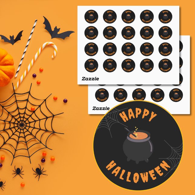 Happy Halloween Black & Orange Round Stickers (Black & Orange Halloween Cauldron Stickers.)