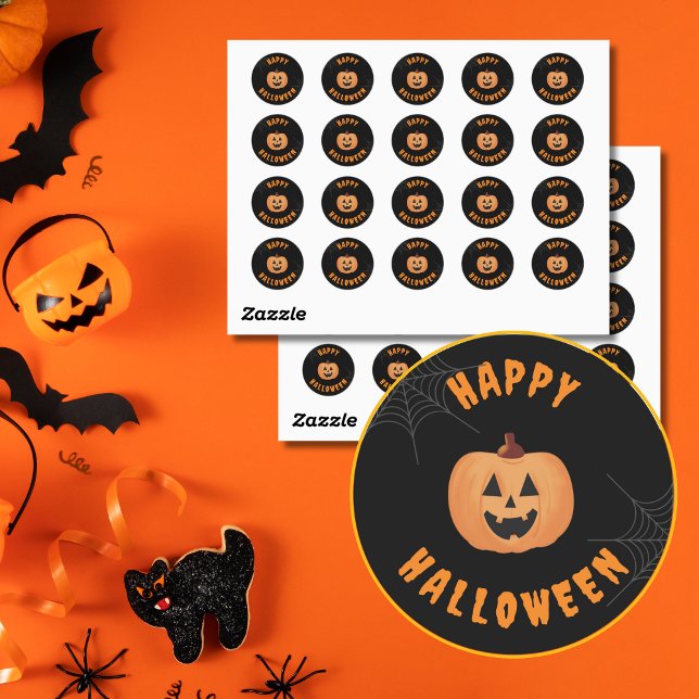 Happy Halloween Black & Orange Round Stickers (Black & Orange Halloween Pumpkin Stickers.)