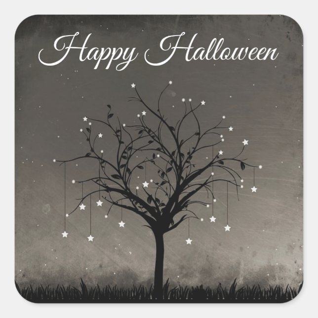 Happy Halloween Black Twinkling Star Tree Quadratischer Aufkleber (Vorderseite)
