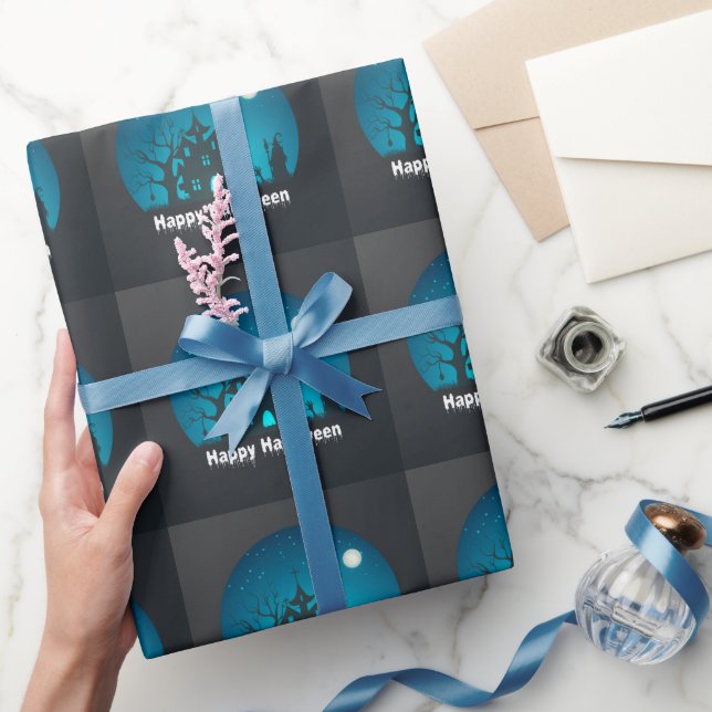 Happy Halloween Blue and Black Spuk House Geschenkpapier (Schenken)