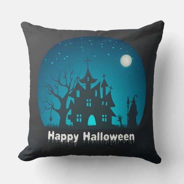 Happy Halloween Blue and Black Spuk House Kissen (Vorderseite)