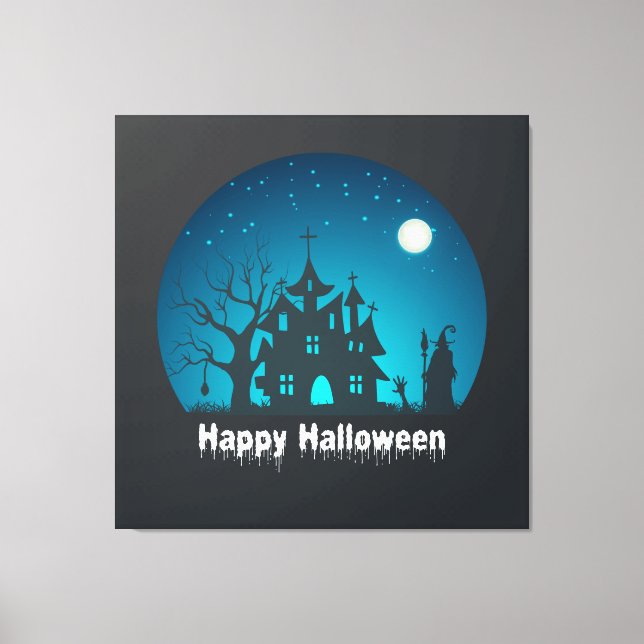 Happy Halloween Blue and Black Spuk House Leinwanddruck (Vorderseite)