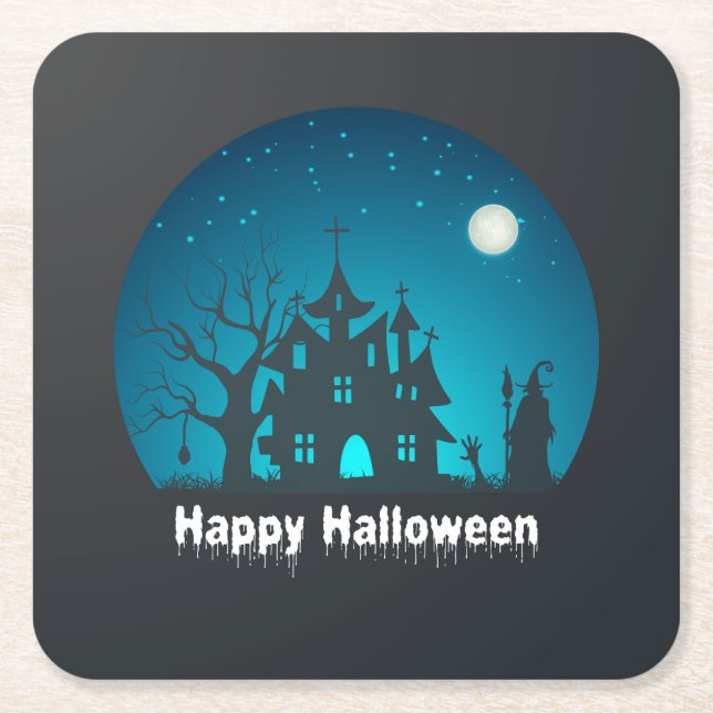 Happy Halloween Blue and Black Spuk House Rechteckiger Pappuntersetzer (Vorderseite)