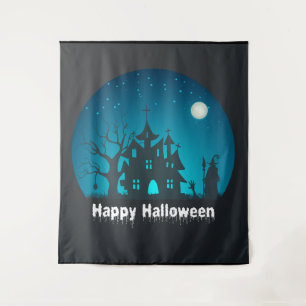 Happy Halloween Blue and Black Spuk House Wandteppich