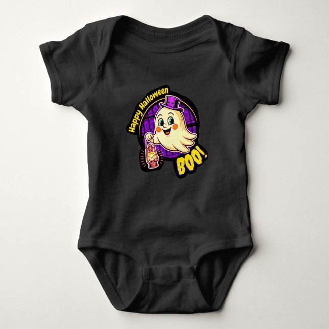Happy Halloween BOO! Cute Retro Ghost with Lantern Baby Strampler (Vorderseite)
