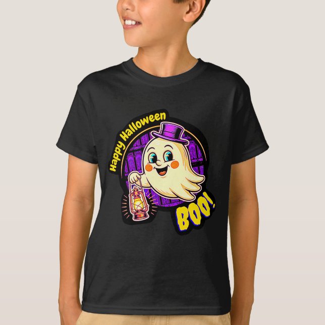 Happy Halloween BOO! Cute Retro Ghost with Lantern T-Shirt (Vorderseite)