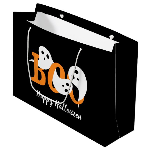 Happy Halloween Boo Ghosts Black Große Geschenktüte (Vorderseite Schrägansicht)