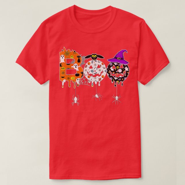 Happy Halloween Boo Spiders And Witch Hat Hallowee T-Shirt (Design vorne)