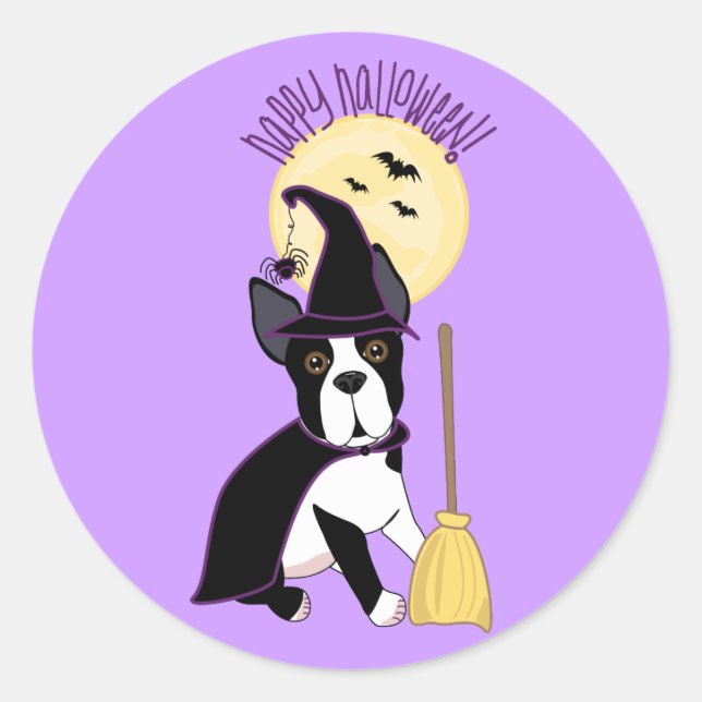 Happy Halloween Boston Terrier Witch Runder Aufkleber (Vorderseite)