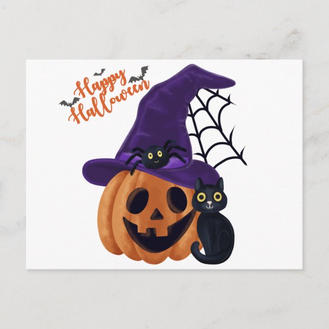 Happy Halloween Carved Pumpkin mit Black Cat und Postkarte (Vorderseite)