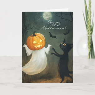 Happy Halloween Cat and Ghost Fun Dankeskarte