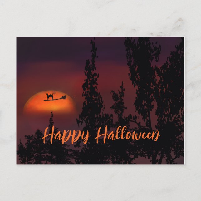 Happy Halloween Cat on Witch Besen Postkarte (Vorderseite)