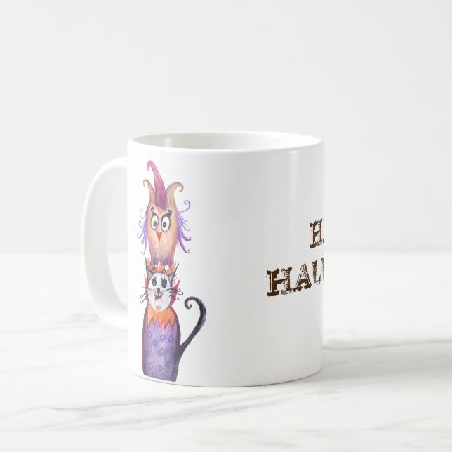 Happy Halloween Cat & Owl Art Custom Tasse (Vorderseite Links)