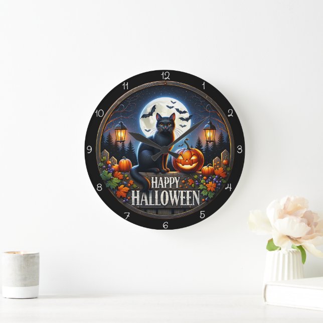 Happy Halloween Cat Pumpkin Full Moon Große Wanduhr (Zuhause)