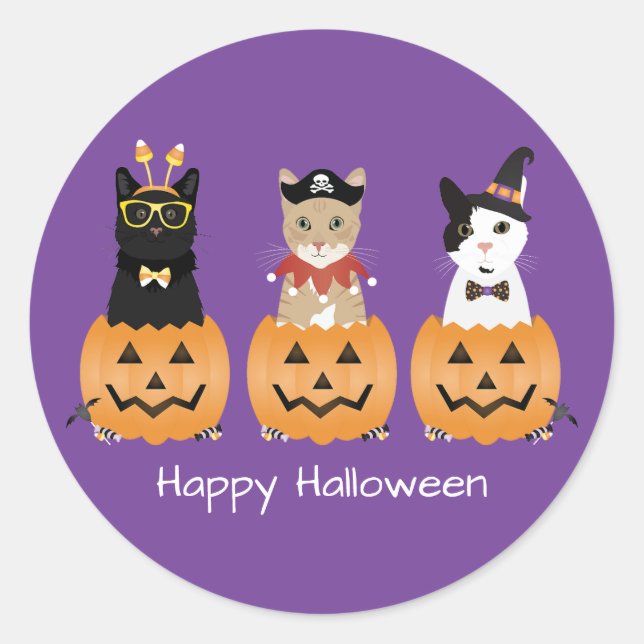 Happy Halloween Cats Kürbislaterne Runder Aufkleber (Vorderseite)