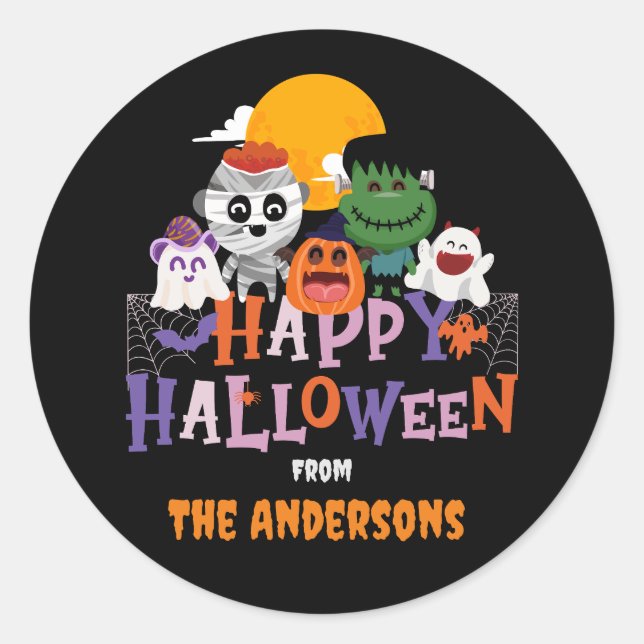 Happy Halloween Characters Custom Familienname Runder Aufkleber (Vorderseite)
