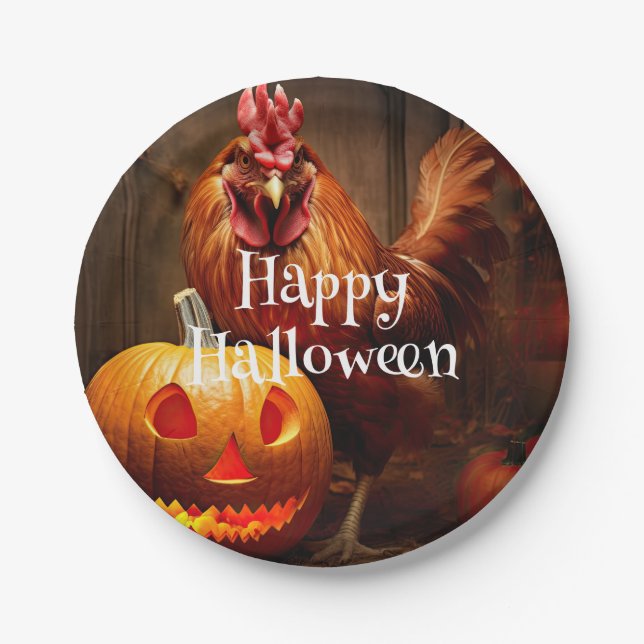 Happy Halloween Chicken Rooster Pumpkin Farm Pappteller (Vorderseite)
