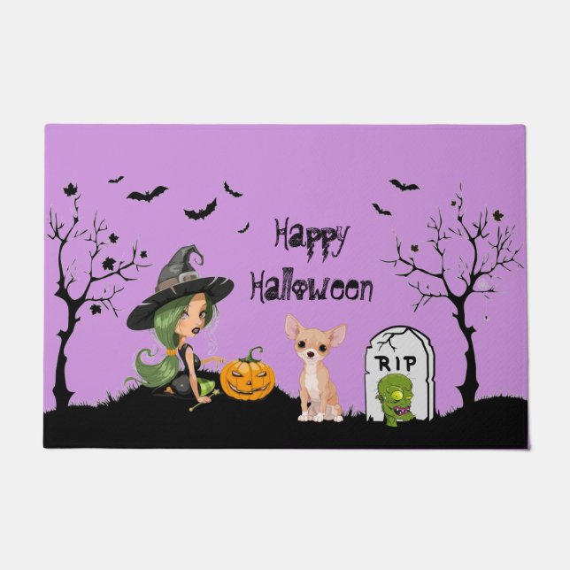 Happy Halloween Chihuahua und Niedliche Hexe Fußmatte (Vorderseite)