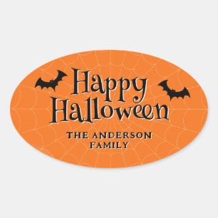 Happy Halloween Cobweb Bats Orange Ovaler Aufkleber