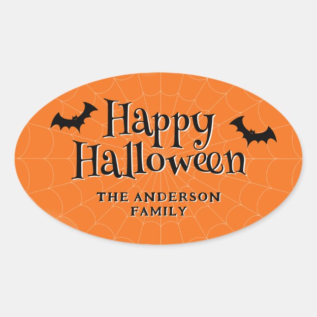 Happy Halloween Cobweb Bats Orange Ovaler Aufkleber (Vorderseite)