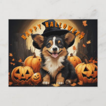 Happy Halloween Corgi in Pumpkin Patch