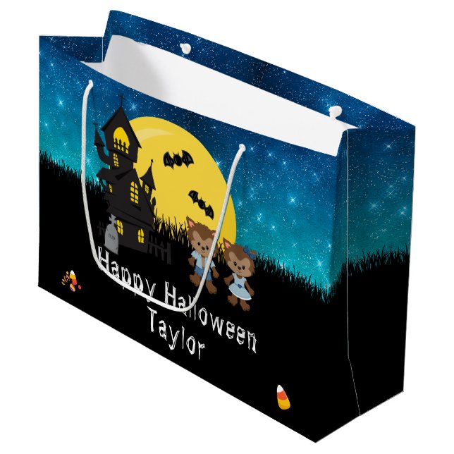Happy Halloween Costume Party Werewolf Blue Große Geschenktüte (Vorderseite Schrägansicht)