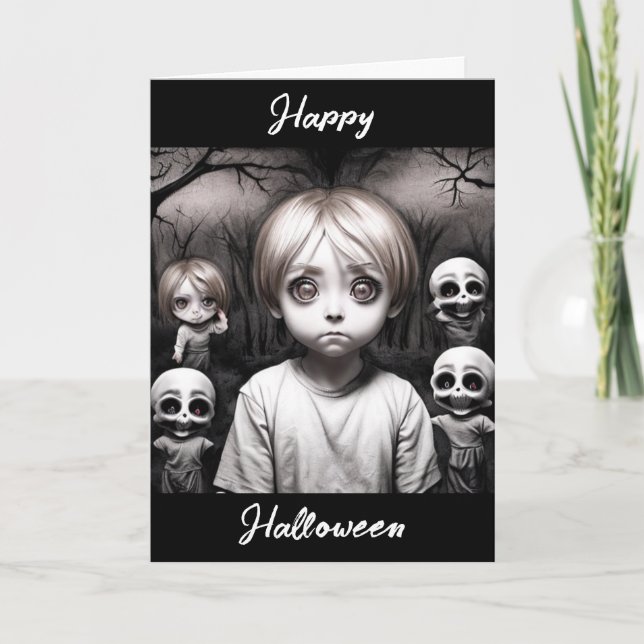 Happy Halloween | Creepisches Kind mit Teddy Bär Karte (Vorderseite)
