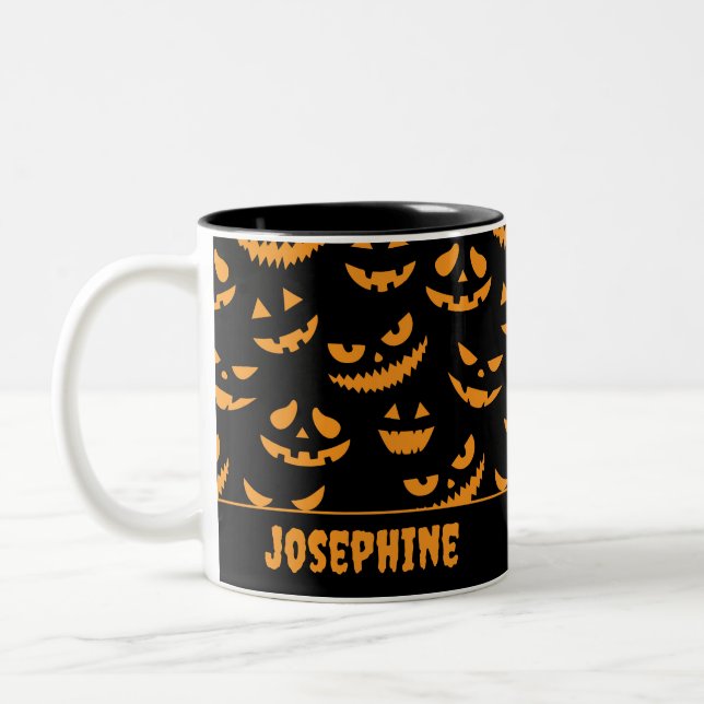 Happy Halloween Creepy Pumpkin Faces Zweifarbige Tasse (Links)