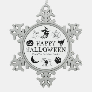 Happy Halloween custom name black spooky decor Schneeflocken Zinn-Ornament