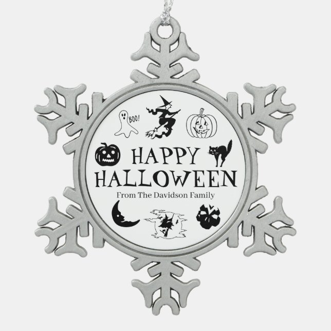Happy Halloween custom name black spooky decor Schneeflocken Zinn-Ornament (Vorderseite)
