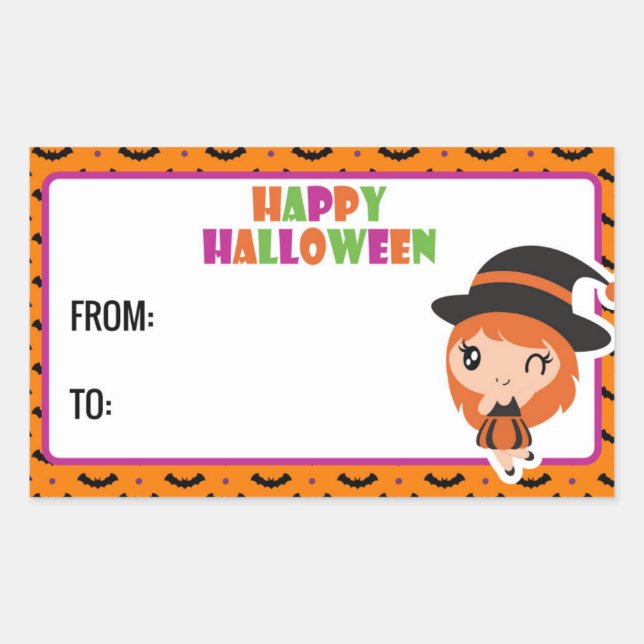 Happy Halloween cute witch Label 2 - orange Rechteckiger Aufkleber (Vorderseite)