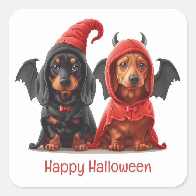 Happy Halloween Dackel Hunde Devil Bat Quadratischer Aufkleber (Vorderseite)