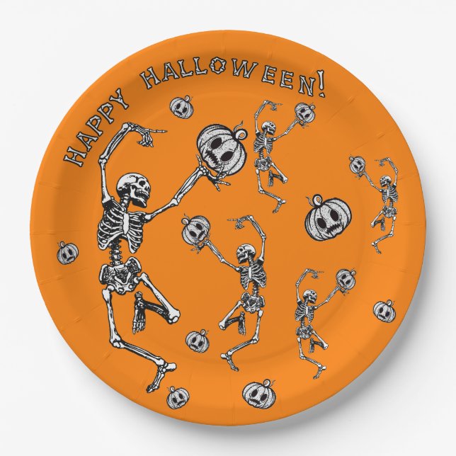 Happy Halloween Dancing Skeleton Danse Macabre Pappteller (Vorderseite)