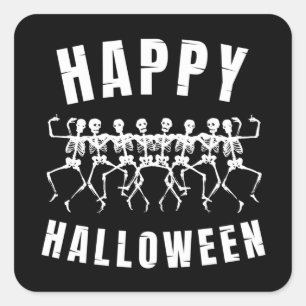 HAPPY HALLOWEEN DANCING SKELETONS QUADRATISCHER AUFKLEBER