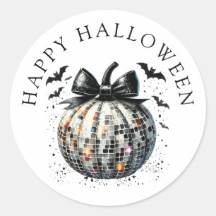 Happy Halloween Disco Ball Pumpkin Black Bow Runder Aufkleber