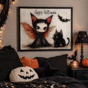 Happy Halloween Fairy & Cat Niedlich Spooky Wall Poster